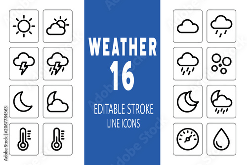 A professional set of 16 editable weather line icons, featuring essential symbols for forecasting, temperature, and atmospheric conditions, designed for meteorological or digital interface projects.