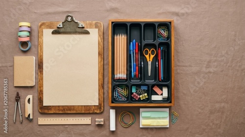 Organized Desk with Stationery Supplies and Clipboard for Office Work.
