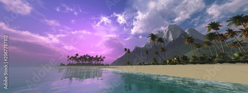 Beautiful sunset over the sea, palm trees on a beach with a snow-capped mountain in the background. Mountain and beach, beach at sunset, sea with sun, sea sunset, 3D rendering