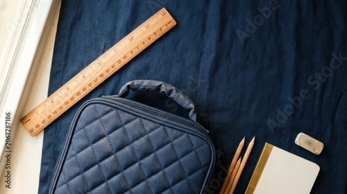 School Supplies and Backpack on Wooden Desk Surface.