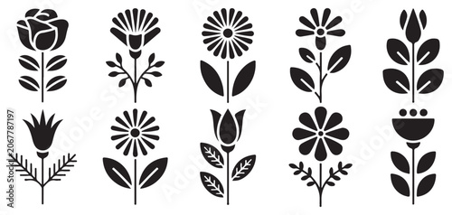 Tableau sur toile Minimalist folk art floral stems and botanical flower icons vector set vector il