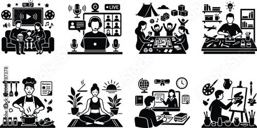Fotografie Set of stay-at-home lifestyle silhouettes featuring live streaming video broadca