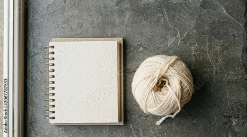 Blank Notebook and Ball of Yarn on Gray Surface for Creative Projects.