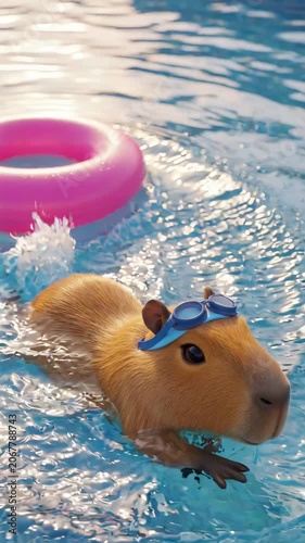 Cute capybara in blue swim goggles relaxing on a pink inflatable ring then paddling through a sunlit pool