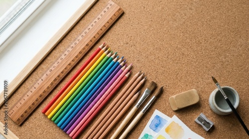 Colorful Pencils and Art Supplies on Wooden Desk Workspace.