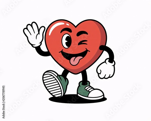 Cartoon heart character waving hello with tongue out and winking