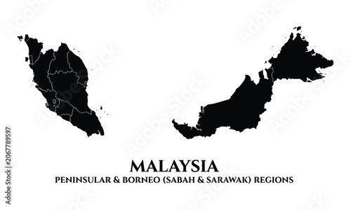 Detailed black silhouette map of Malaysia, showing Peninsular and Borneo Sabah Sarawak regions with state borders on white background illustration