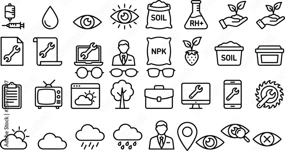 Naklejka premium Set of diverse linear icons featuring agriculture, technology, maintenance, and vision symbols