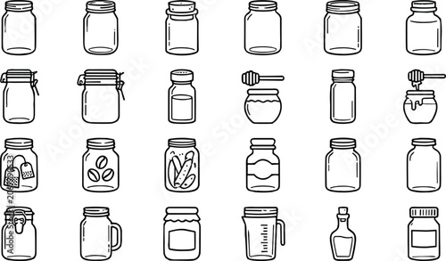 Foto Set of glass jar icons and kitchen food storage containers in outline style