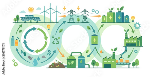 Circular Economy and Renewable Energy Sustainable Production Flowchart Vector