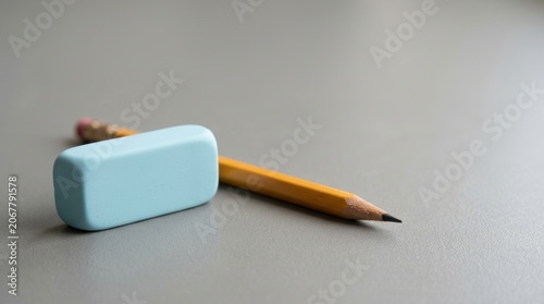 Blue Eraser and Wooden Pencil on Gray Surface for Stationery and Office Supplies.