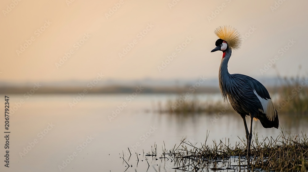 Obraz premium Grey crowned crane standing near calm lake at dawn