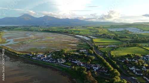 Aerial view of Dundrum village and bay during low tide Northern Ireland