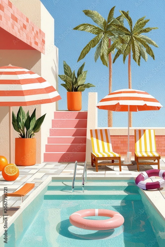 Fototapeta premium Colorful retro swimming pool scene with striped umbrellas, sun loungers and tropical palms