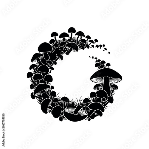 Tableau sur toile Black and white mushroom illustration circle.