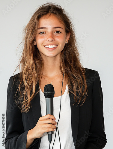 Self assured young woman grasping a microphone prepared to deliver a speech at a public event or presentation