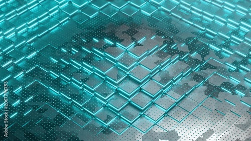 Abstract Futuristic Sci-Fi Technology Background with Glowing Blue Cube Grid Geometric Pattern. 4K
