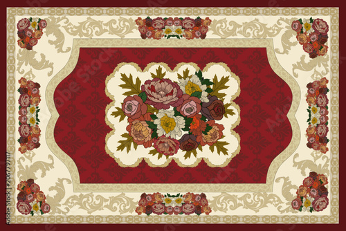 Elegant Vintage Floral Carpet Pattern with Classic Ornamental Frame and Central Flower Bouquet