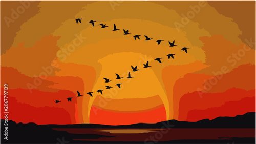 Fotografie Flock of birds flying against vibrant sunset