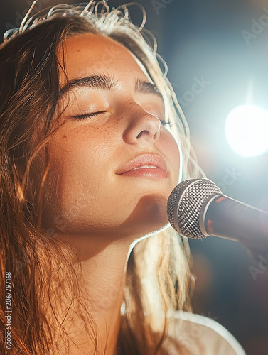 Young woman passionately singing into a microphone with her eyes closed illuminated by soft stage lights creating an intimate atmosphere