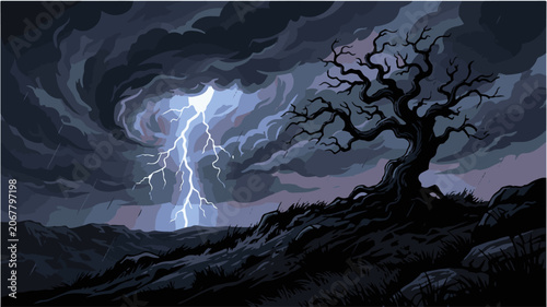 Tableau sur toile Stormy weather with lightning strikes a gnarled tree on a hill