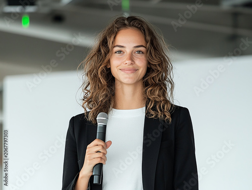 Self assured young woman with a microphone dressed in professional clothing standing in a contemporary event venue