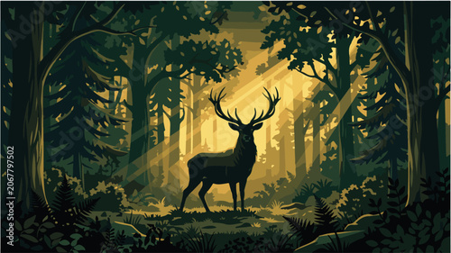 Konstfotografi Majestic stag silhouette standing in forest clearing at sunset
