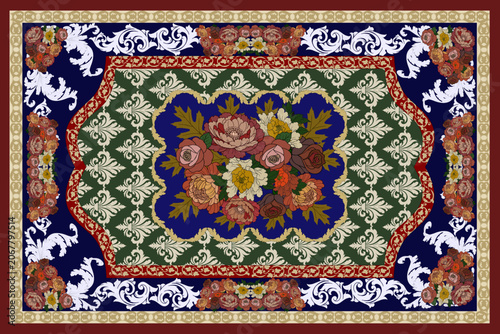Elegant Vintage Floral Carpet Pattern with Classic Ornamental Frame and Central Flower Bouquet