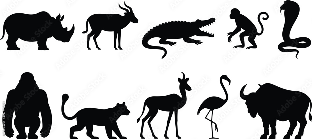 Εκτύπωση καμβά Wild African animals black silhouettes set featuring rhino crocodile monkey gori
