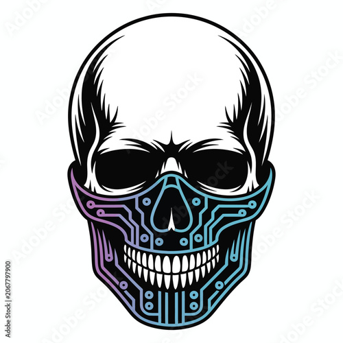 Cyberpunk Circuit Skull T‑Shirt Design – Futuristic Cyborg Tech Skull Illustration