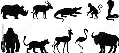 Canvas Print Wild African animals black silhouettes set featuring rhino crocodile monkey gori