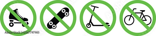 Fotografi Set of four green circular prohibition signs showing no roller skating skateboar
