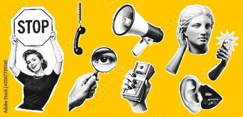 Vintage collage elements set with hands eyes megaphone statue and retro cutouts