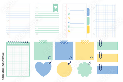Set of Minimal Flat Notebook Papers, Sticky Notes and Study Planner Collection.