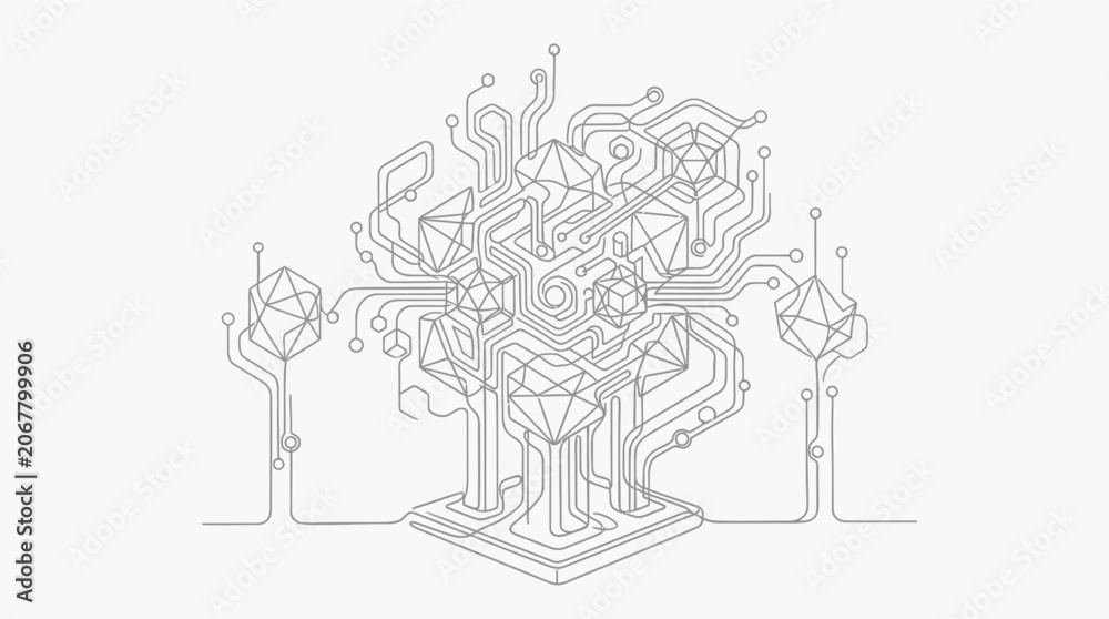 Fototapeta premium Continuous line drawing of a complex digital circuit tree structure.