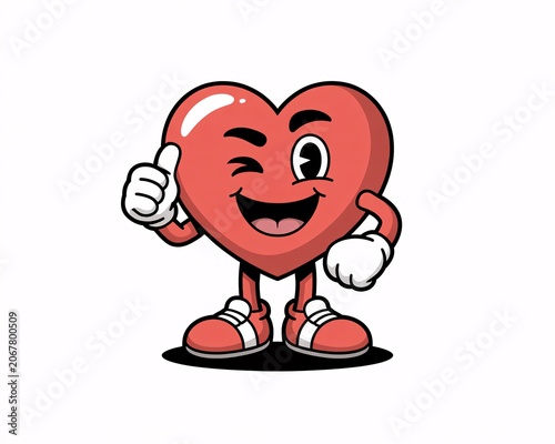 Winking cartoon heart character giving thumbs up, isolated on white