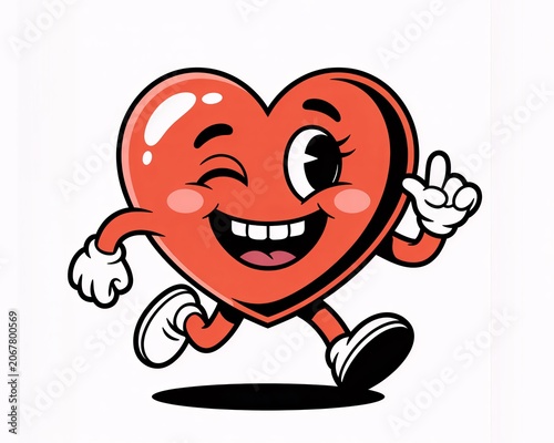 Winking cartoon heart character running with a smile and raised finger
