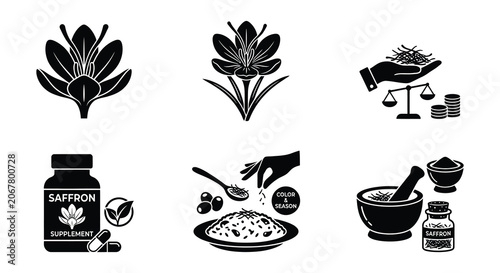 Tableau sur toile Herbal Remedies And Botanical Elements Black Silhouette Vector Illustration