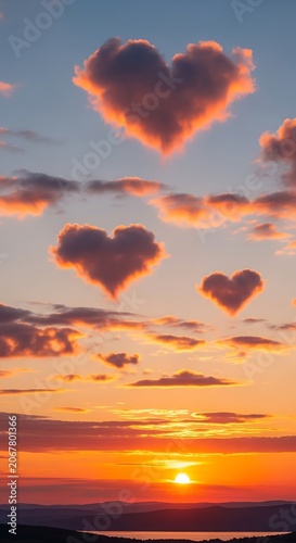 Vibrant sunset sky with scattered clouds and sunbeams.