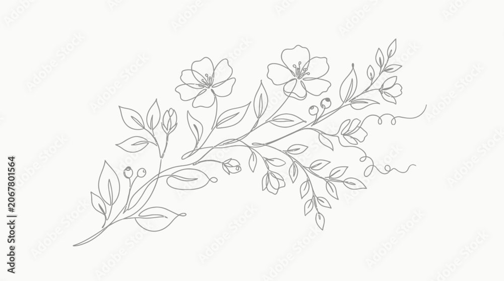 Fototapeta premium Delicate hand drawn floral branch illustration with blossoms and leaves.