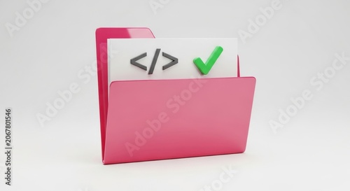 Pink folder with coding symbols and green check mark