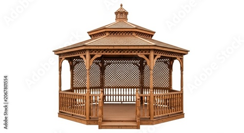 Brown wooden octagonal gazebo with railing