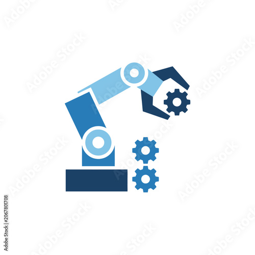 A blue robotic arm is assembling mechanical gears in a factory