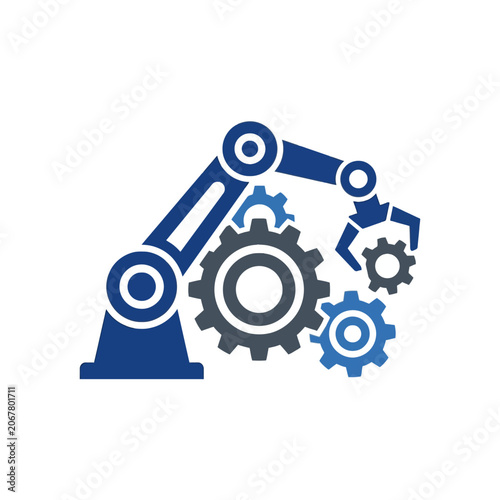 A blue robotic arm is assembling various mechanical metal gears