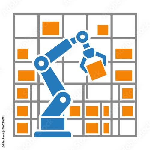 A blue robotic arm moves orange boxes in a warehouse