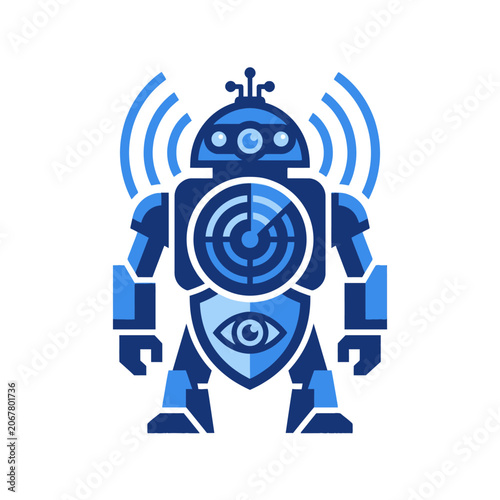 A blue robotic figure stands against a clean white background
