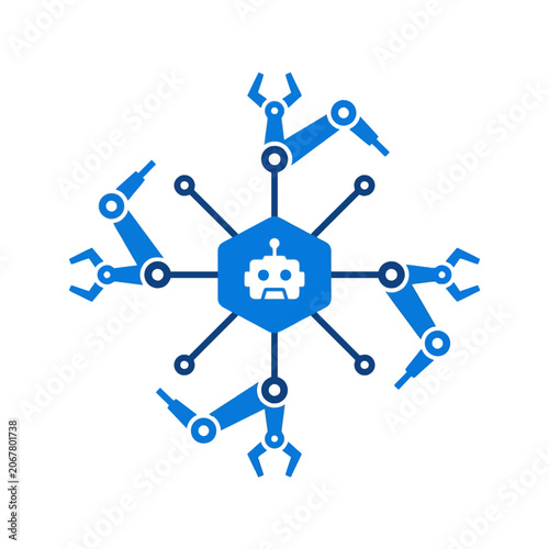A blue robotic icon featuring mechanical arms and a central core
