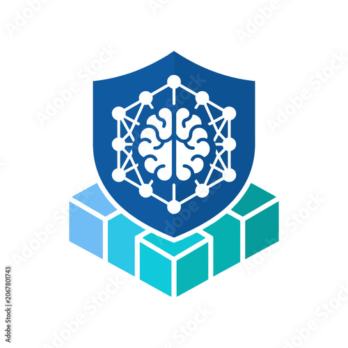 A blue shield icon displays a digital brain network graphic