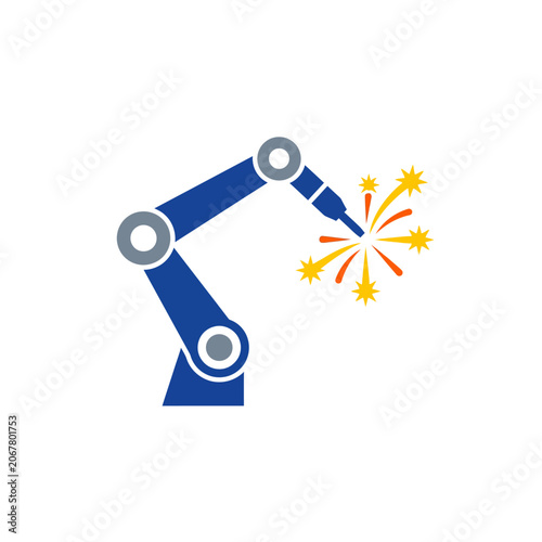 A blue robotic arm performs precision welding on a surface