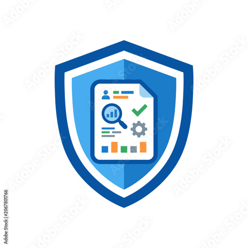 A blue shield icon displays a document with data analysis symbols